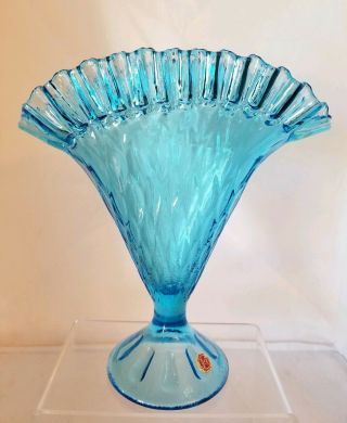 Vintage Murano Art Glass Fan Vase - Blue - Ruffled Top - Diamond Pattern - Origi