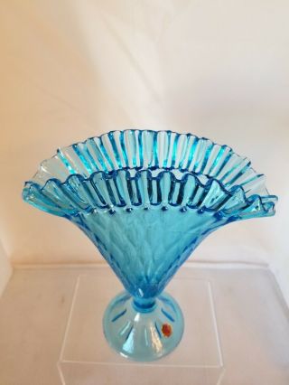 Vintage Murano Art Glass Fan Vase - Blue - Ruffled Top - Diamond Pattern - Origi 2