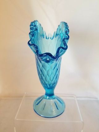 Vintage Murano Art Glass Fan Vase - Blue - Ruffled Top - Diamond Pattern - Origi 4