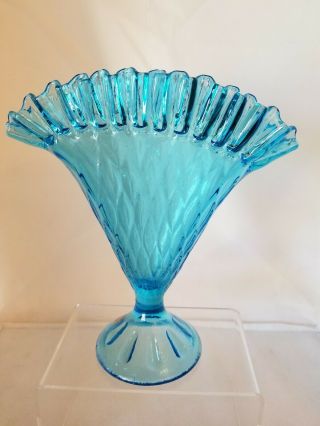 Vintage Murano Art Glass Fan Vase - Blue - Ruffled Top - Diamond Pattern - Origi 5