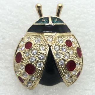 Signed Roman Vintage Ladybug Brooch Pin Black Red Enamel Rhinestone Beetle