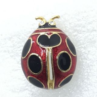 Signed Sfj Vintage Ladybug Brooch Pin Black Red Enamel Rhinestone Beetle Jewelry