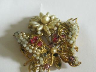 Vintage Rhinestone Red Stones And Seed Pearls Butterfly Brooch Movable