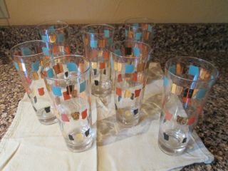 7 Vintage Art Deco Multi Colored Drinking Glasses - - Each 7”x 2 1/4”