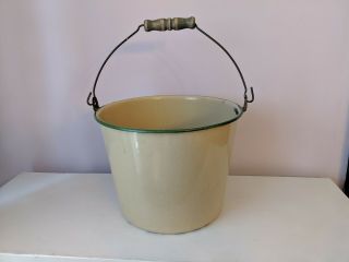 Vintage Tan/cream With Green Trim Enamelware Bucket With Wire Bail Wood Handle