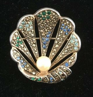 Vintage Les Bernard Costume Jewelry Brooch Pin Clam Multi Rhinestones Pearl
