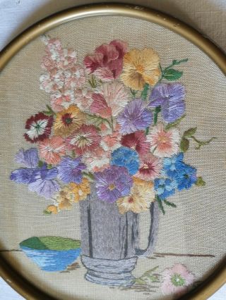 Vintage Pretty Embroidered Cottage Garden Flowers Picture Circular Frame