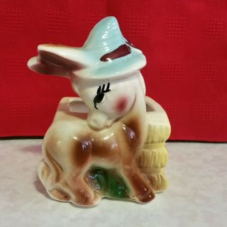 Vintage Ceramic Shy Donkey With Straw Bale Planter - Made In Japan.