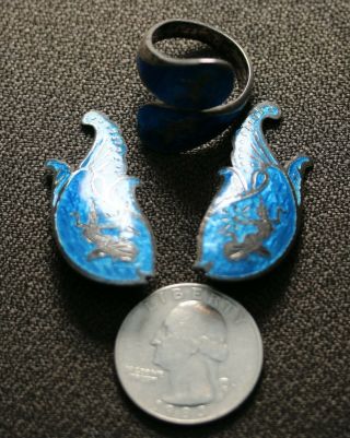 Vtg Sterling Silver Thailand Nielloware Blue Enamel Ring & Clip Earrings