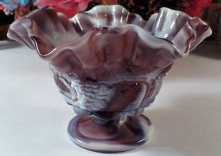 Vintage Westmoreland Purple Slag Glass Ruffled Candy Bowl - Grapes Pattern 4 " T