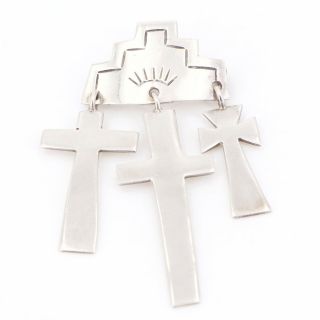 Vtg Sterling Silver - Mexico Taxco Three Crosses Religious Brooch Pin - 15g