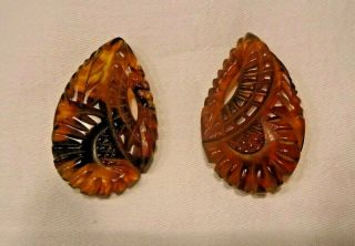 Vintage Pair Amber Color Carved Dress Clips - Plastic / Bakelite? Leaf Shape