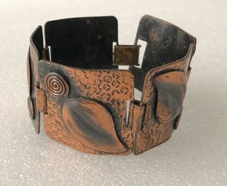 Vintage Engraved Copper Plated Square Link With Leaf Wide Bracelet 7 "