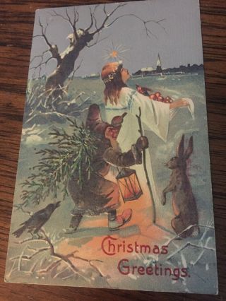 Vintage Christmas Postcard Gnome Angel Bunny Rabbit Raven Crow Winsch? Embossed
