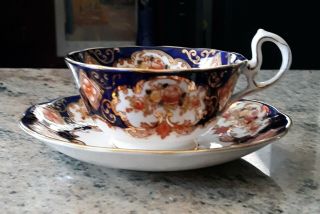 Vintage Royal Albert Cobalt Blue,  Red & Gold Floral Porcelain Footed Cup &Saucer 2