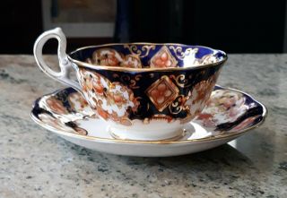 Vintage Royal Albert Cobalt Blue,  Red & Gold Floral Porcelain Footed Cup &Saucer 3