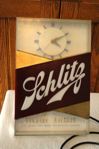 Vintage 1959 Schlitz Beer Lighted Clock Running Repair Or Parts