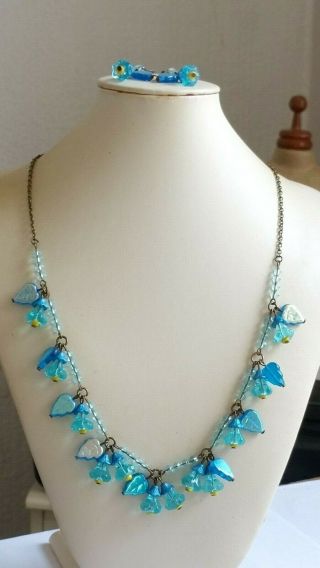 Czech Aqua Flower Glass Bead Necklace/earrings Set Vintage Deco Style