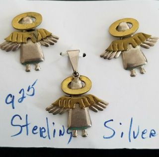 Vintage Sterling Silver 925 And Brass Angel Pendant And Post Earrings 1 X 1 "
