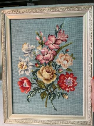 Lovely Vintage Floral Needlepoint Picture In Frame