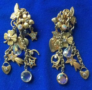 Vintage Gold Tone Signed Kirks Folly Dangly Clip Earrings - Fairy Stars Hearts