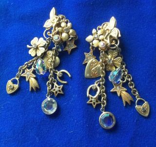 Vintage Gold Tone Signed Kirks Folly Dangly Clip Earrings - Fairy Stars Hearts 3