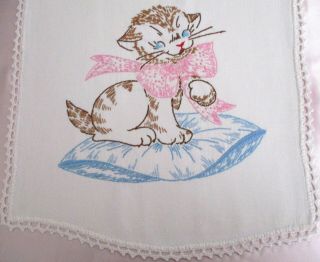 Cute Vintage Embroidered Kittens Runner or Dresser Scarf 3
