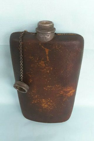 Antique Pewter Hip Flask Whiskey Bar Bottle Vintage Leather Bound England