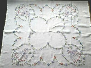 Vintage Hand Embroidered Crinoline Ladies & Flowers - White Linen Tablecloth