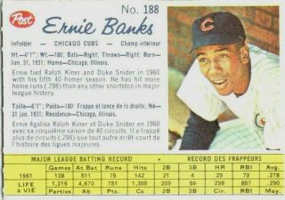1962 Post Cereal Canadian Ernie Banks 188 Vintage Baseball Chicago Cubs