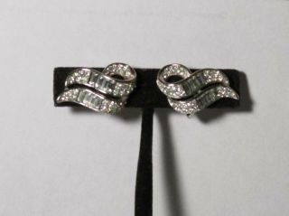 Vintage Crown Trifari Silver - Tone Metal Clear Rhinestone Clip Earrings W/pat No