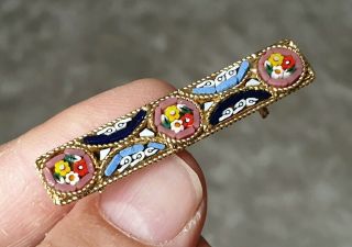 Vintage Italian Jewellery Crafted Micro Mosaic Flower Gold Bar Brooch Shawl Pin