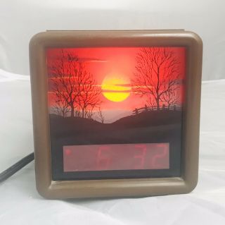 Vintage Spartus Glowing Sunset Night Light Digital Alarm Clock Cube Wood 1970 