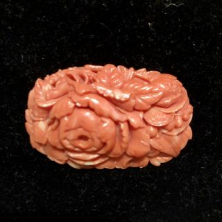 Vintage Coral Color Cabbage Rose Carved Molded Flower Brooch Pin Jewelry Japan