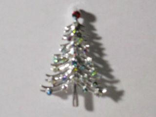 Vintage Dodds Silver - Tone Aurora Borealis Rhinestone Christmas Tree Pin Brooch