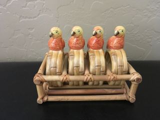 Set Of 4 Vintage Ceramic Porcelain Parrot Napkin Rings With Bamboo Holder