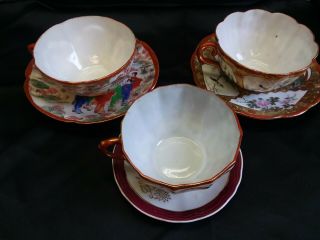 Vintage Fine Bone China Tea Cups And Saucers - Hand Painted Oriental Designs