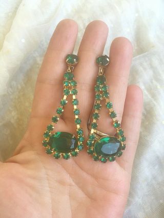 Vintage High End Emerald Green Rhinestone Bezel Set Dangle Earrings Teardrop 3”