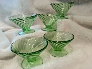 Vintage - - FOOTED - - Green Depression Glass Swirl PAT - Dessert/Sherbet Bowls Set of 5 2