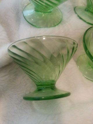 Vintage - - FOOTED - - Green Depression Glass Swirl PAT - Dessert/Sherbet Bowls Set of 5 3