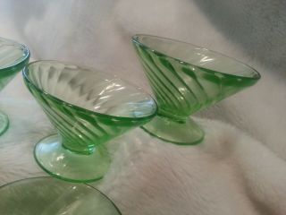 Vintage - - FOOTED - - Green Depression Glass Swirl PAT - Dessert/Sherbet Bowls Set of 5 4