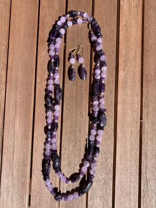 Vintage Hand Knotted Amethyst Beads Necklace And Earrings