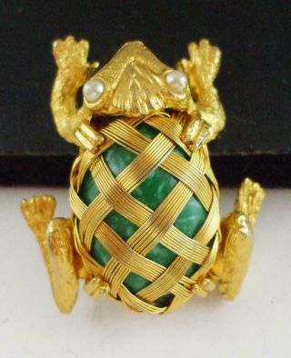 Sweet Vintage 3 - D Green Jelly Belly Frog Pin Brooch W/criss Cross Weave Design