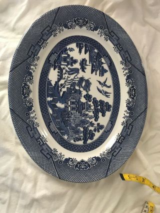 Vintage Large 15” Oval Serving Platter; Blue/white Staffordshire Churchill