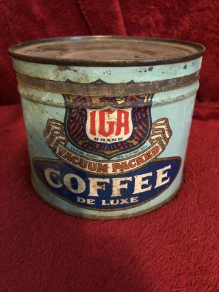 Vintage De Luxe Iga Brand Coffee Tin Can 1 Lb Wind Top W/ Lid Advertising Rare