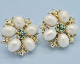 Vintage Earrings Coro Jewelcraft 1950s Faux Pearl & Green Ab Crystal Jewellery