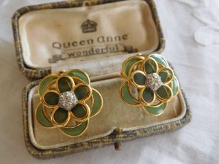 Gorgeous Vintage 1980s Olive Green Enamel Stained Glass Flower Clip On Earrings
