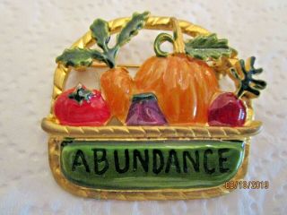Vintage T C Thanksgiving Abundance Basket W Pumpkins Vegetables Pin Brooch Enam.