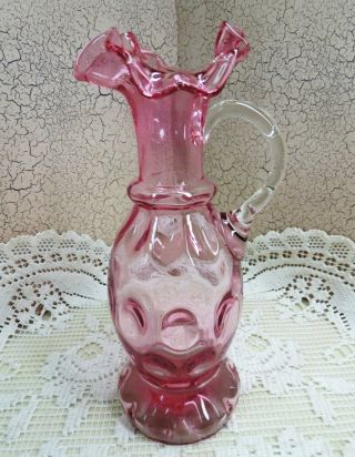 Vintage Fenton Art Glass 8 3/4 " Cranberry Thumbprint Ewer Pitcher Bamboo Handle