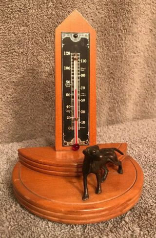 Vintage Wooden Shelf Thermometer With Brass Weimaraner Dog Statue
